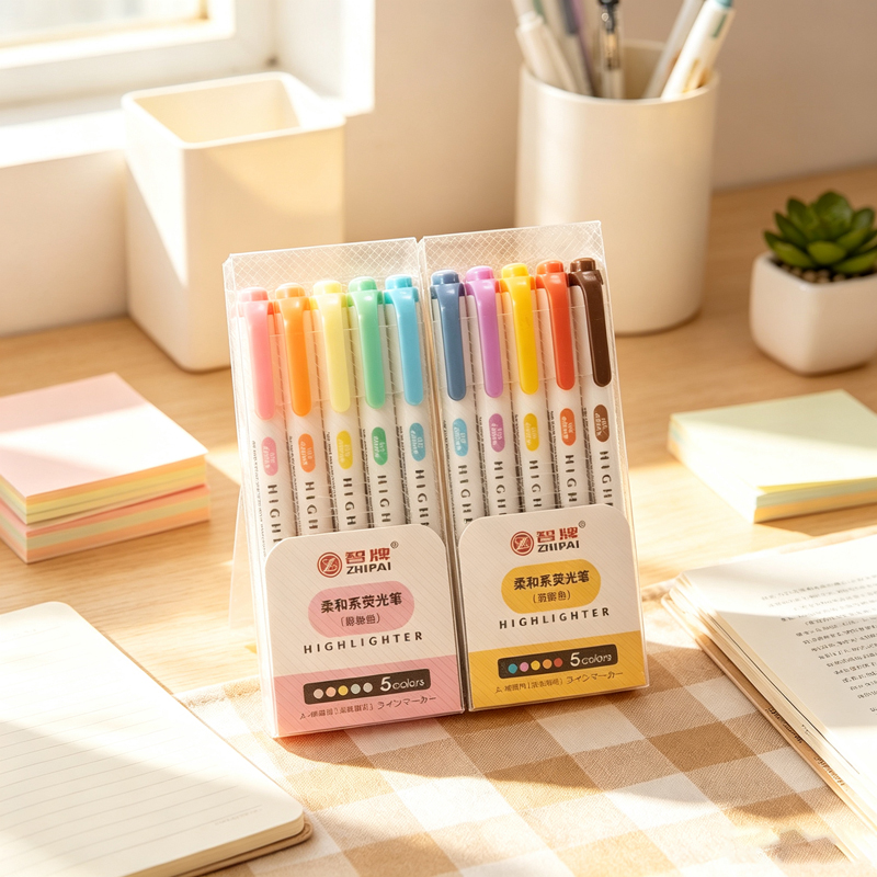 Highlighter Set Pastel - ปากกาไฮไลท์เตอร์สองหัว 5 สี, ปากกาเน้นข้อความแบบสองหัว, ปากกาไฮไลท์เตอร์สไตล์ญี่ปุ่นน่ารักสำหรับวาดภาพ