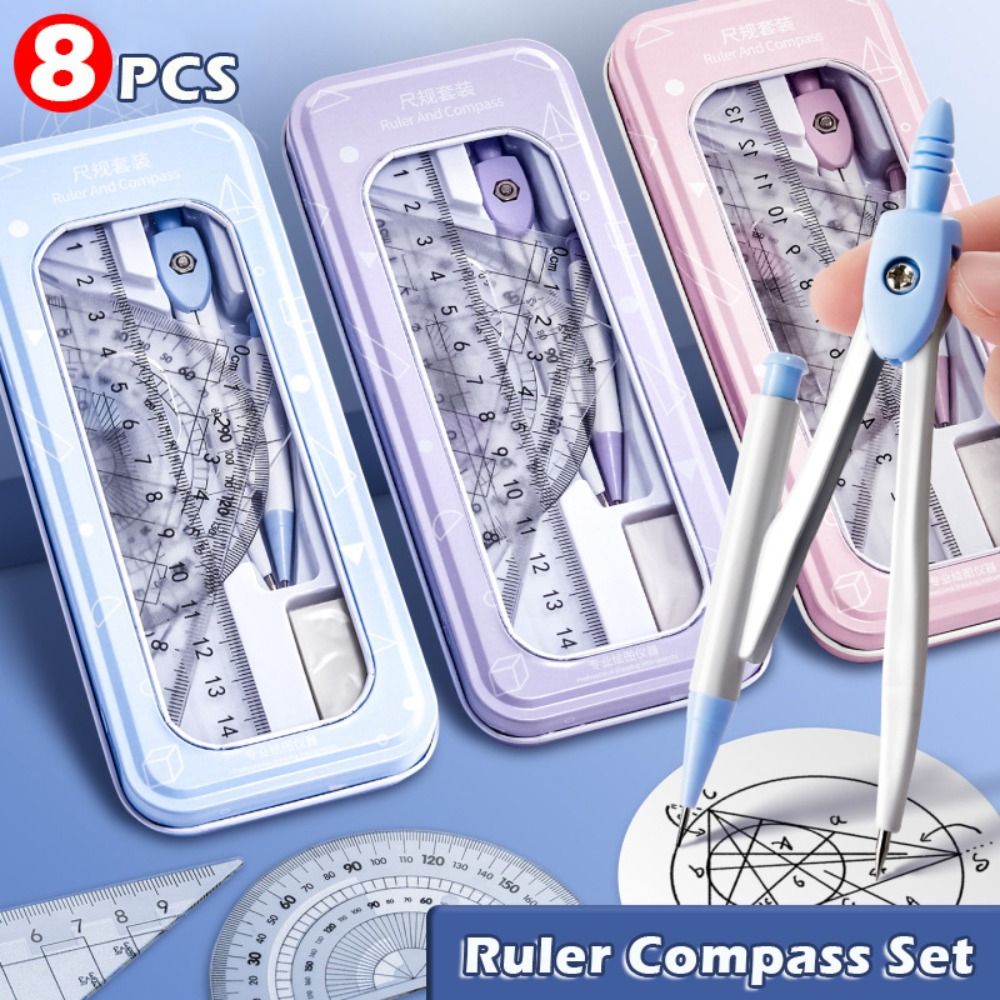 Ruler Set Transparent - ชุดไม้บรรทัดพลาสติก 8 ชิ้น/ชุด พร้อมวงเวียน ยางลบ โปรแทรกเตอร์ใส