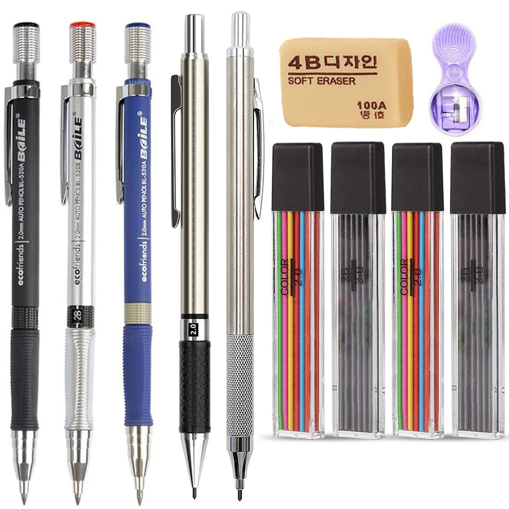 Ideal Stationery & Office Supply - ดินสอกด 2.0 มม. 2B ดินสอเขียนแบบอัตโนมัติพร้อมไส้ดินสอสี/ดำ เหมาะสำหรับนักเรียน