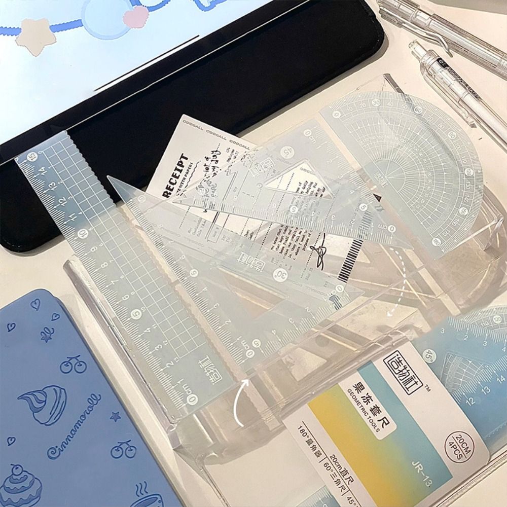 Ruler Set Transparent - 4 ชิ้น/เซ็ตมัลติฟังก์ชั่ 15/20 ซม.ไม้บรรทัดเยลลี่ชุดโปร่งใสหนาชุดสแควร์วัดเครื่องเขียนเครื่องวัดมุมโรงเรียนสํานักงาน
